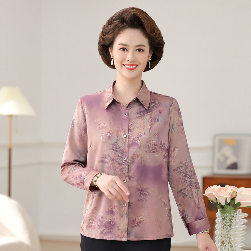 New Silk Collared T-Shirt for Middle-Aged and Elderly Women, Summer Style Grandma Silk Long-Sleeved Shirt Set