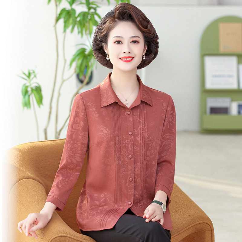 Fifty-Year-Old Mother's Spring and Summer Silk Long-Sleeved Shirt, Middle-Aged and Elderly Women's Clothing, Belly-Covering Large Size Shirt, Grandma's Shirt Fifty-Year-Old Mother's Spring and Summer Silk Long-Sleeved Shirt, Middle-Aged and Elderly Women's Clothing, Belly-Covering Large Size Shirt, Grandma's Shirt