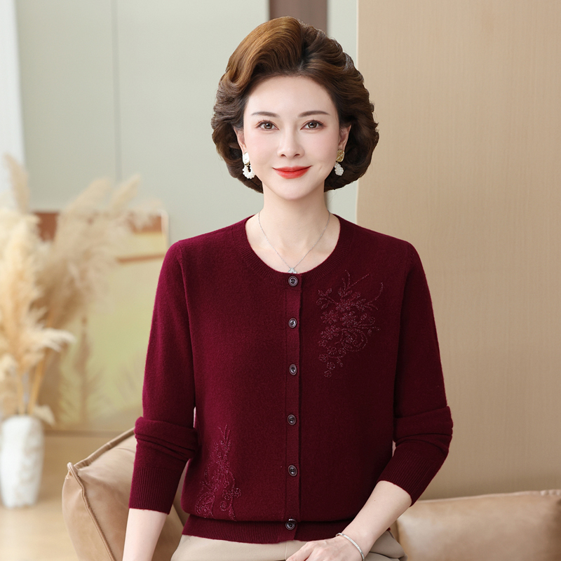 Middle-Aged and Elderly Women's Autumn and Winter Clothing: 100% Pure Wool Sweater, Round-Neck Cardigan, Stylish Grandma-Style Knitted Front-Open Sweater