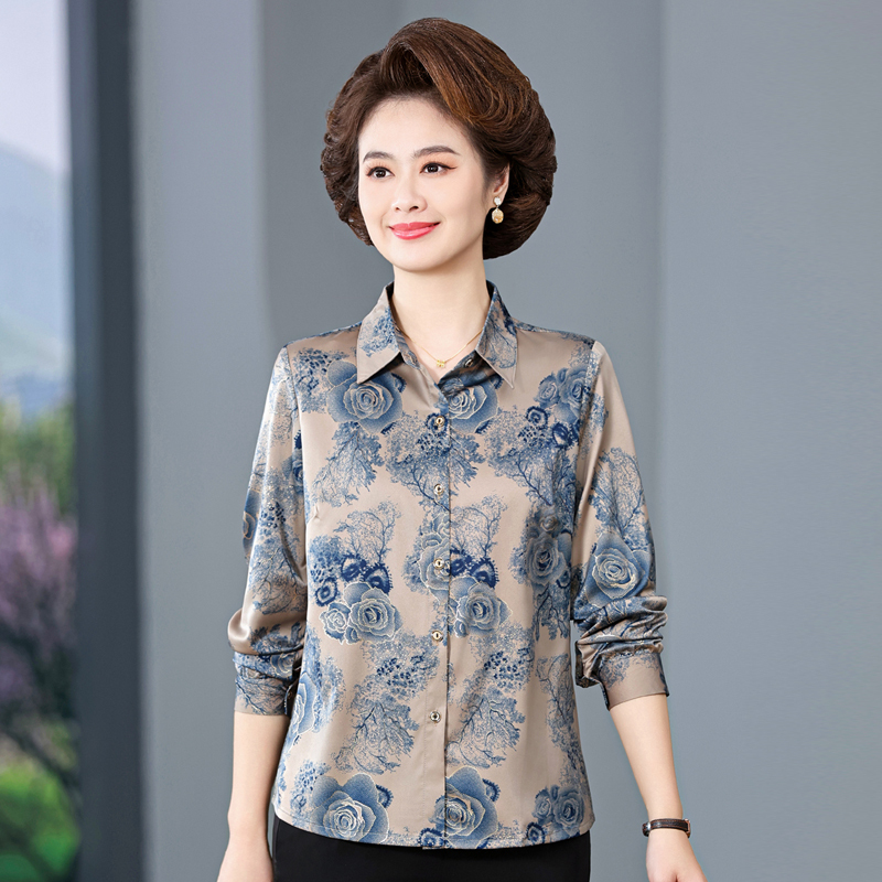 Fifty-Year-Old Mother's Summer Clothing Mulberry Silk Shirt with a Turn-Down Collar, Long Sleeves, Middle-Aged and Elderly Women's Xiangyun Silk T-Shirt for Outerwear