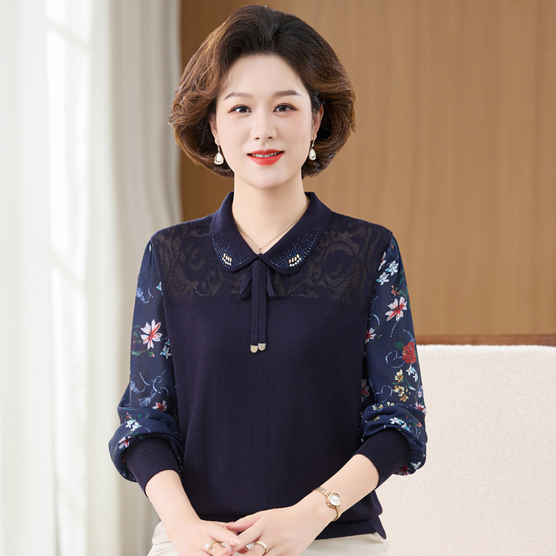 New 2025 Autumn Knitted Base Shirt for Mothers, Stylish Middle-Aged and Elderly Women's Gauze-Sleeve T-Shirt Spring and Autumn Set for Women