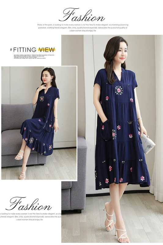 Các bà mẹ trung niên mặc váy cotton và vải lanh mùa hè, váy dài và rộng, rộng và mỏng, váy lụa cotton của phụ nữ trung niên và cao tuổi - Cộng với kích thước quần áo