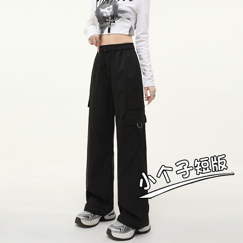 150 Petite Black Quick-Dry Work Pants for Women, Summer High-Waisted Paratrooper Straight-Leg Wide-Leg Outdoor Jogger Pants