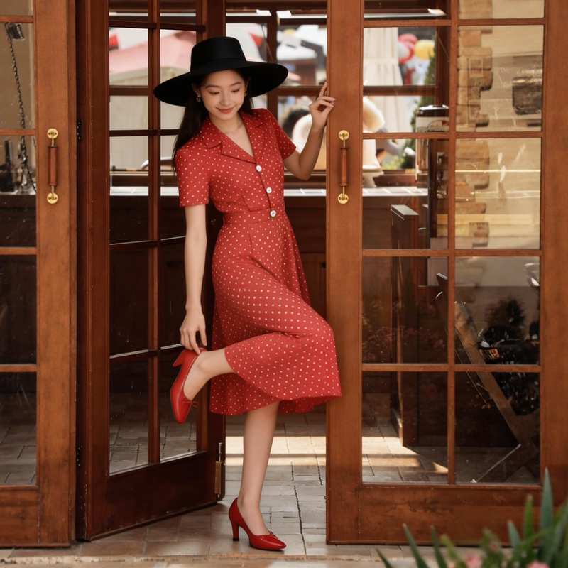Vacation in Southern France! Polka Dot Lapel Orange-Red Retro Hong Kong Style Elegant and Graceful White Shirt Dress 589