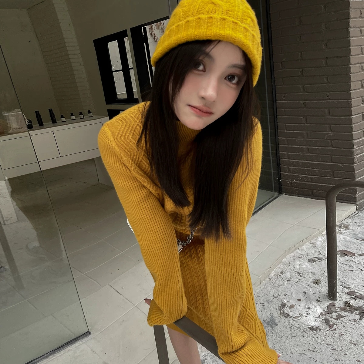Knitted spring sweater with pigtail, blue retro keep warm base set, increased thickness