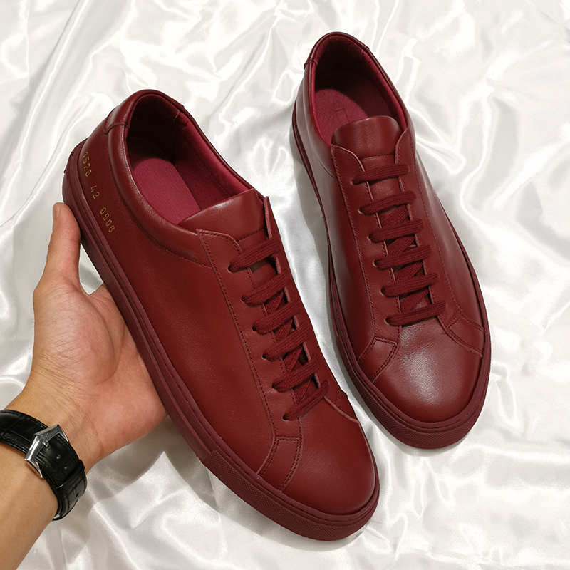 Custom Flat Head Great Uncle Common Small White Shoes Men And Women Lovers' Heads Layer Bull Leather Minimu Wine Red Color Palette Shoes-Taobao