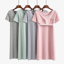 Night dress with chest pad Womens summer short-sleeved cotton bra-free medium-long pajamas Home clothes Modal half-sleeve dress