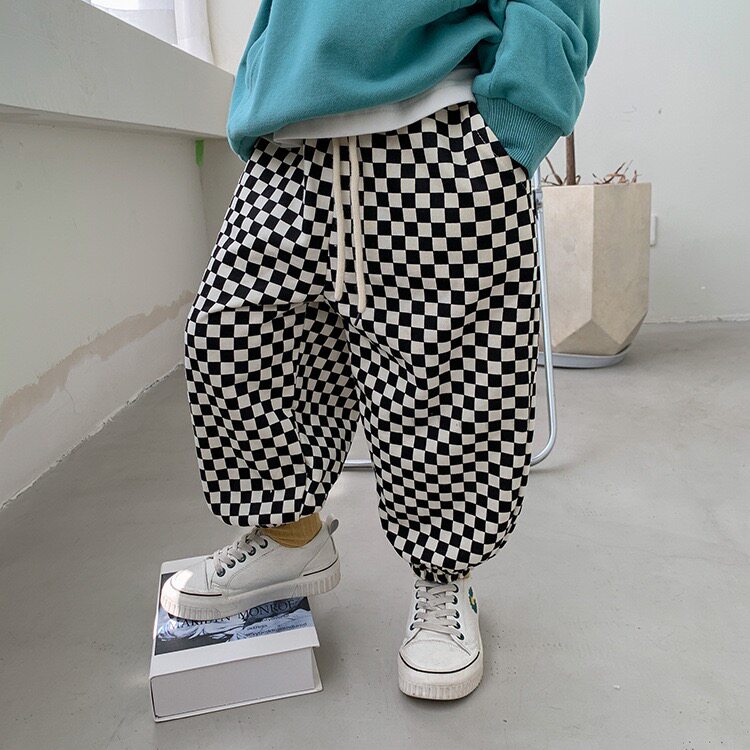 Boys' spring and autumn plaid pants, children's Korean version, casual thick cotton pants, autumn clothes, boys' autumn loose trousers, baby pants