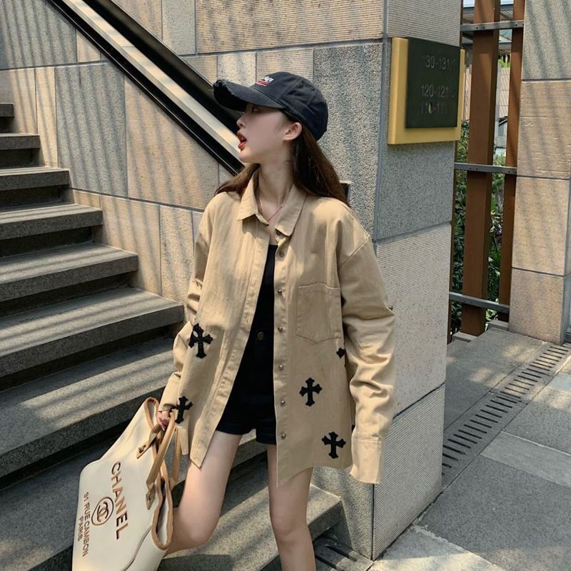 2026 Spring Japanese-Style Vintage Cross-Pattern Shirt Jacket for Women, Loose-Fitting, Niche, High-End, Elegant Shirt