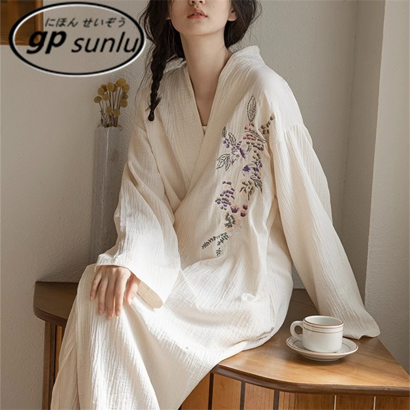 Japanese Gp Chinese-Style Pajamas for Women, Spring and Autumn Style, Pure Cotton Gauze Robe, Long Embroidered Sexy Dressing Gown, Loungewear for Women
