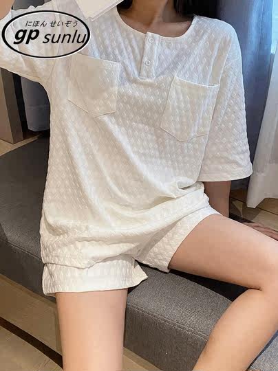 日本GP纯棉短袖睡衣女夏季2024年新款短裤套装圆领家居服可外穿女