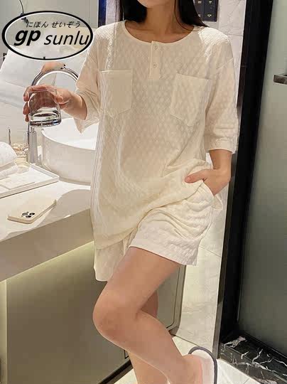 日本GP纯棉短袖睡衣女夏季2024年新款短裤套装圆领家居服可外穿女
