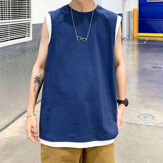 Summer fake two-piece sweat vest men's style Japanese handsome loose casual sports waistcoat round neck pure cotton sleeveless top