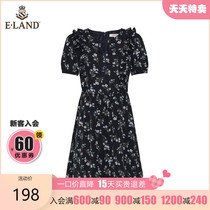 ELAND spring and summer French temperament bow tie floral one-shoulder super fairy waist thin dress female