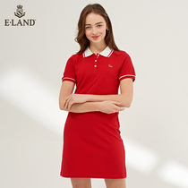 ELAND Naval Academy Wind Leisure fashion minimalist polo collar knit cashew slim short sleeves Dress Fairy