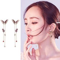  S925 sterling silver earrings retro style face thin super fairy quality long tassel butterfly earrings Yang Mi female star same style