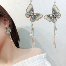 925 Pure Silver Needle Ear Accessories Korea East Gate Ladies Sweet Beauty Super Fairy Fashion Metal Cloth Art Butterfly Long Earrings