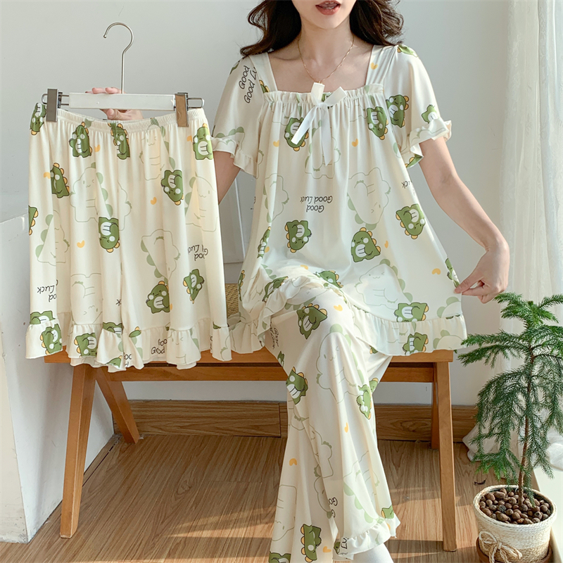 Women's Summer Ice Silk Short-Sleeve Three-Piece Pajama Set, Thin Cartoon Design, Plus Size for Plus-Size Women, 150kg Cool and Sweet Loungewear