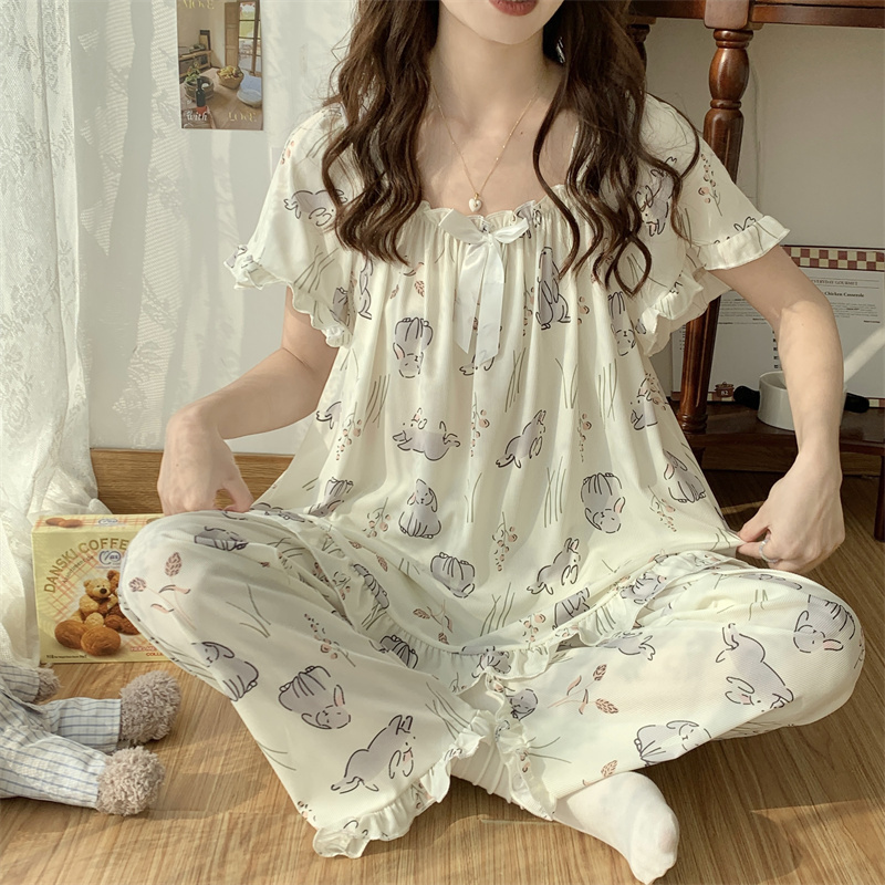 Pajamas for Women, Summer Ice Silk Short-Sleeved Pants, Sweet and Cute, Extra Large Size for Fat Girls, 150kg Girls' Home Wear Set