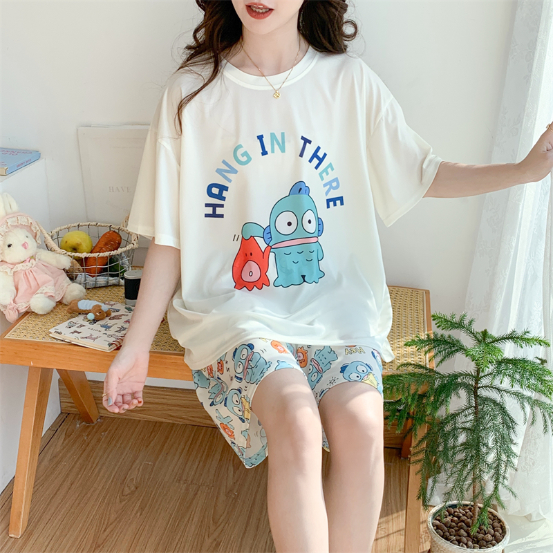 Pajamas for Women, Summer Ice Silk Short-Sleeved Cartoon Thin Style, Plus Size for Fat Girls, 150kg Korean Style, Can Be Worn Outside, Home Wear Set