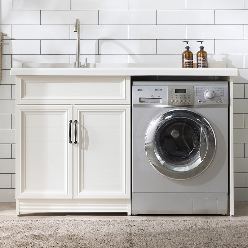 Space Aluminum Washing Machine Cabinet Quartz Stone with washboard Laundry pool slot Balcony Drum Washing Machine Companion Cabinet Customize