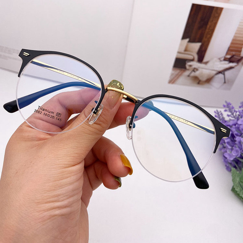 Men's half-frame vintage titanium frame frame with square-color discolored anti-blue light pure titanium double color round