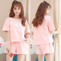Bộ đồ ngủ nữ mùa hè phiên bản Hàn Quốc của bộ đồ mới sinh viên hai mảnh phù hợp với phim hoạt hình ngắn tay dễ thương có thể mặc ngoài nhà phục vụ mùa hè - Giống cái quần áo ngủ nữ