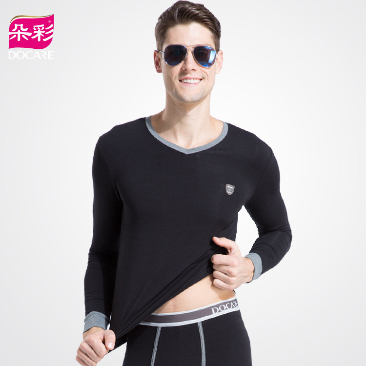 Duocai men's autumn clothes sanitary pants V-neck modal cotton heating pants thin solid color tight-fitting bottoming cotton sweater
