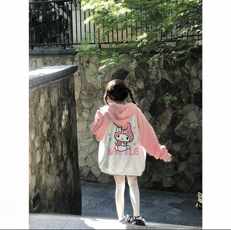 Korean Version of the Cartoon Sanrio Melody Color-Blocked Hooded Sweatshirt Pink Loose Cardigan Jacket for Couples Korean Version of the Cartoon Sanrio Melody Color-Blocked Hooded Sweatshirt Pink Loose Cardigan Jacket for Couples