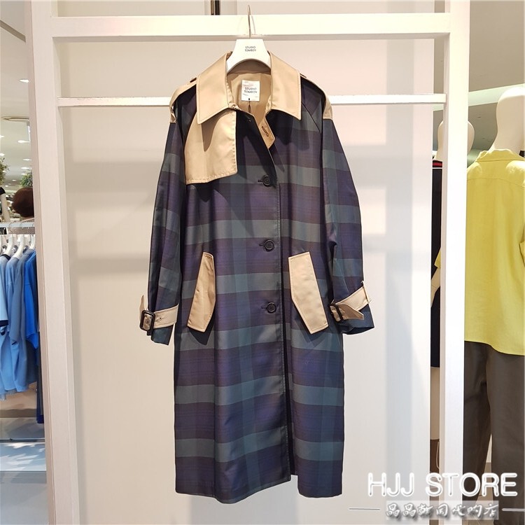 25 Autumn Korean t Brand Classic Celebrity Poster Style LAOSHU Classic Blue and Green Plaid Patchwork Trench Coat Jacket