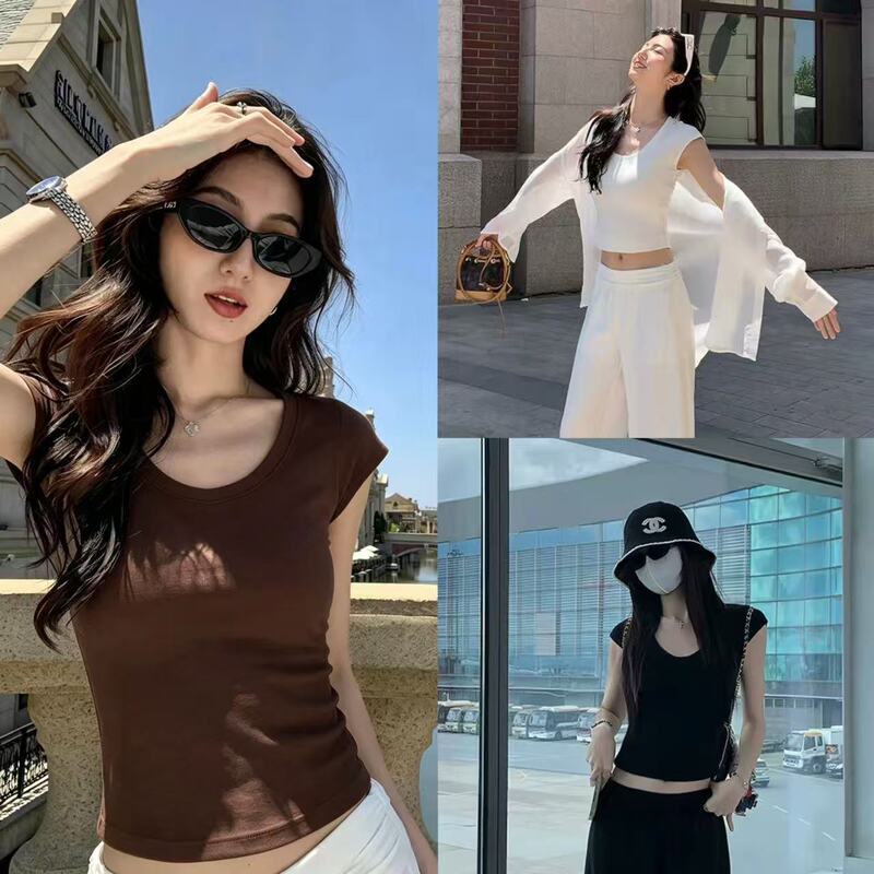 26 Summer Slimming Large Round Neck Small Body Type Half-Covering Arm Slimming Elastic Ribbed Mid-Short Slim Fit T-Shirt