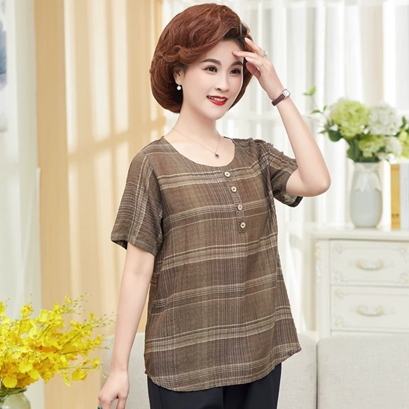 Áo thun cotton ngắn tay cho người trung niên và người cao tuổi kiểu dáng hoa retro áo sơ mi nhỏ mẹ mặc áo thun singlet sơ mi rộng rãi - Phụ nữ cao cấp