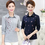 Áo thun nữ dài tay trung niên 40-60 tuổi Áo mẹ cotton mùa xuân và mùa thu mặc áo sơ mi thêu hoa trung niên