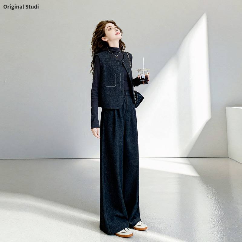 Lightly Mature Style Three-Piece Outfit for Women, 2026 Autumn New T-Shirt, Vest, Wide-Leg Pants, Casual Fashion Set Lightly Mature Style Three-Piece Outfit for Women, 2026 Autumn New T-Shirt, Vest, Wide-Leg Pants, Casual Fashion Set