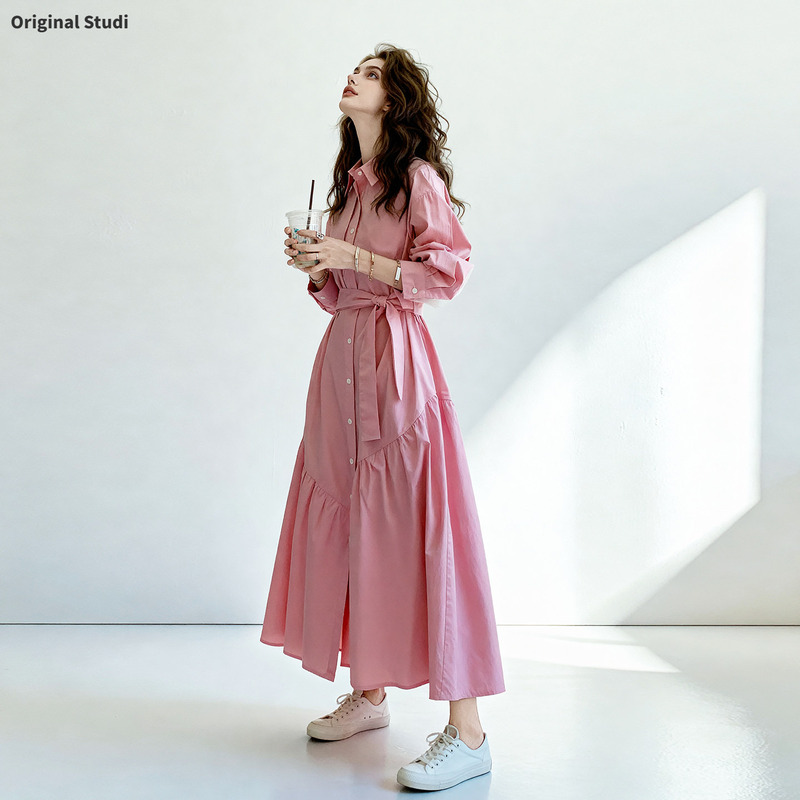 Unique and Beautiful French-Style Long-Sleeved Shirt Dress for Women, 2026 Autumn New Slim-Fit Pink Casual Long Dress