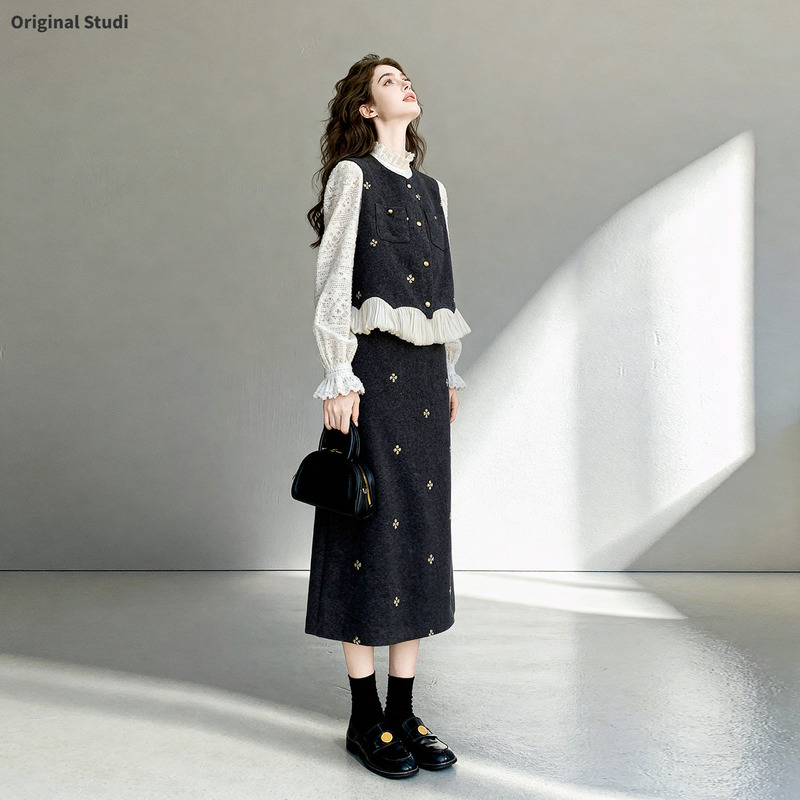 Chic and Elegant Ladylike Lace Vest and Skirt Three-Piece Set for Women, 2026 Autumn New Dress Set Chic and Elegant Ladylike Lace Vest and Skirt Three-Piece Set for Women, 2026 Autumn New Dress Set
