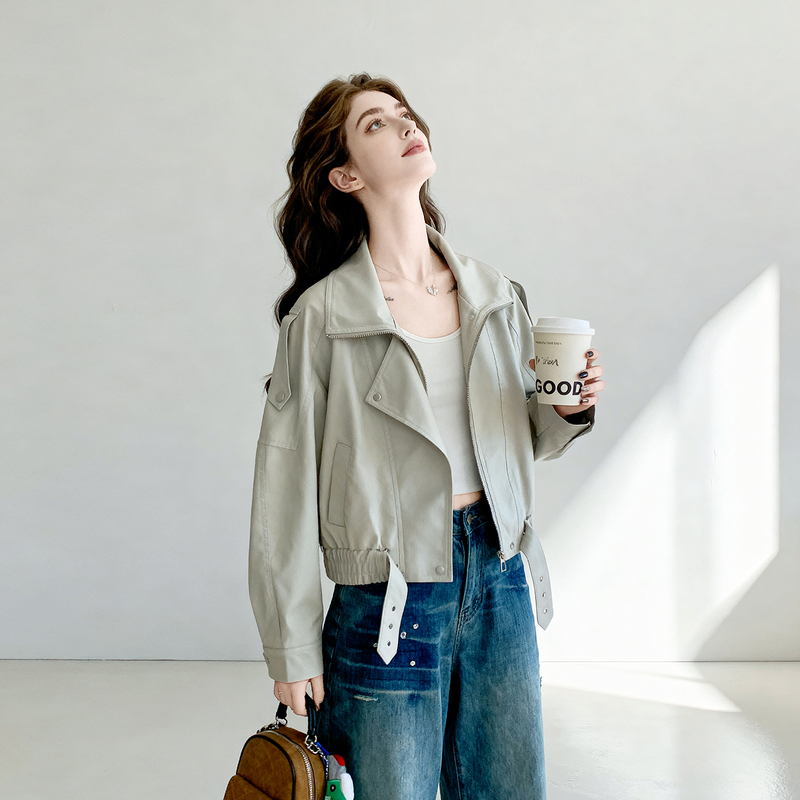 Korean-Style Off-White Pu Leather Short Jacket for Women, 2026 Autumn New Popular Model, Petite Biker Jacket