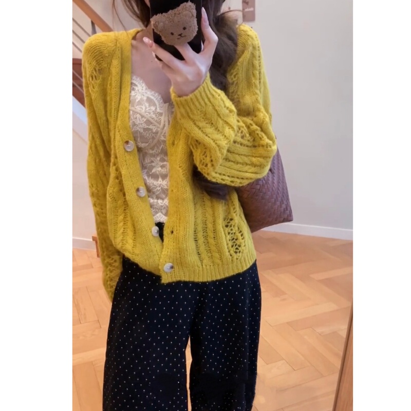 Sweet Style Yellow Early Autumn Hollow-Out Knitted Cardigan for Women, New Loose and Lazy Long-Sleeve Sweater Jacket, Versatile Top Sweet Style Yellow Early Autumn Hollow-Out Knitted Cardigan for Women, New Loose and Lazy Long-Sleeve Sweater Jacket, Versatile Top