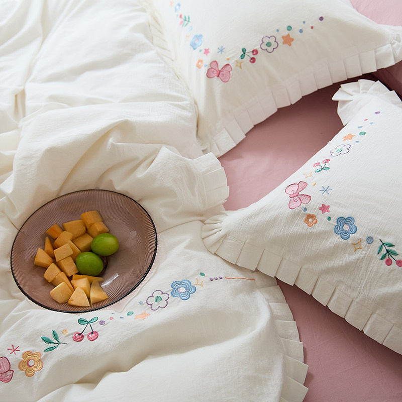 (homestead) Nordic minimalist wind white embroidered velle bed in pure cotton washed with four pieces