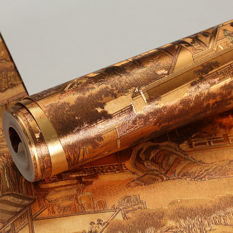 Chinese pavilion pavilion wallpaper Dining room Hotel leisure club Tea room Qingming River map Gold gold leaf wallpaper