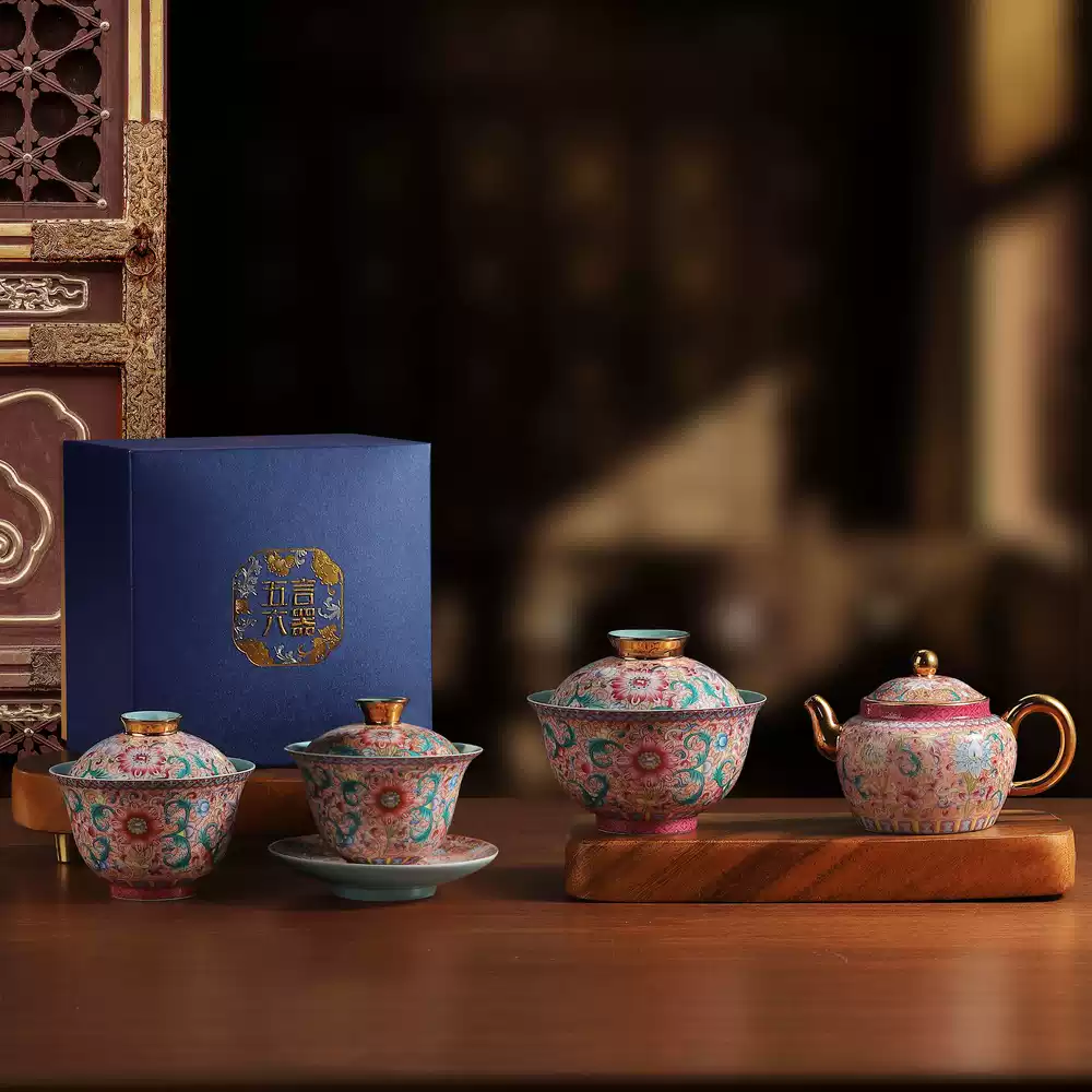 五言六器手工盖碗景德镇珐瑯彩茶具中式复古送礼精选