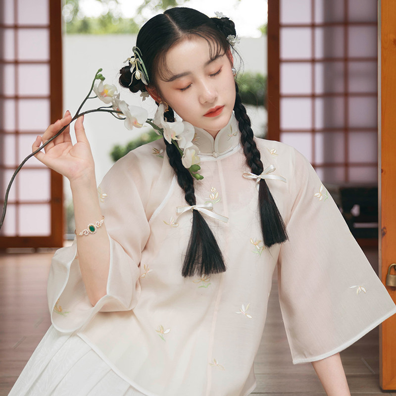 April Chronicle Fenghua 20s inverted large sleeve short-shirt cylinder skirt suit retro Republic fresh wind Summer new-Taobao