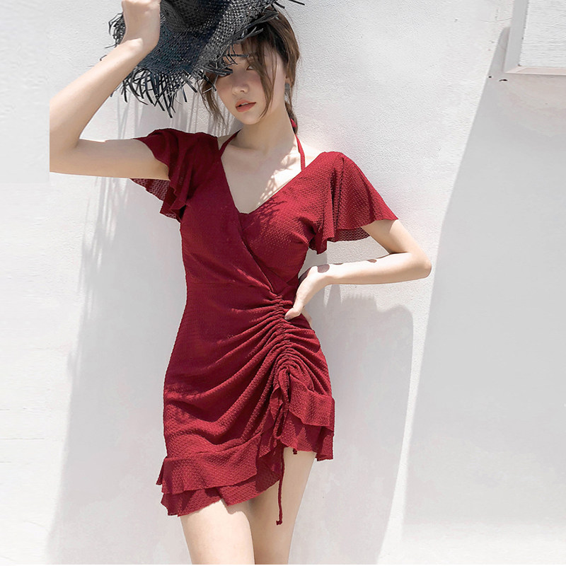 Swimsuit female fairy fan cover belly thin Korea ins summer 2021 new one-piece steel support gathered seaside bathing suit