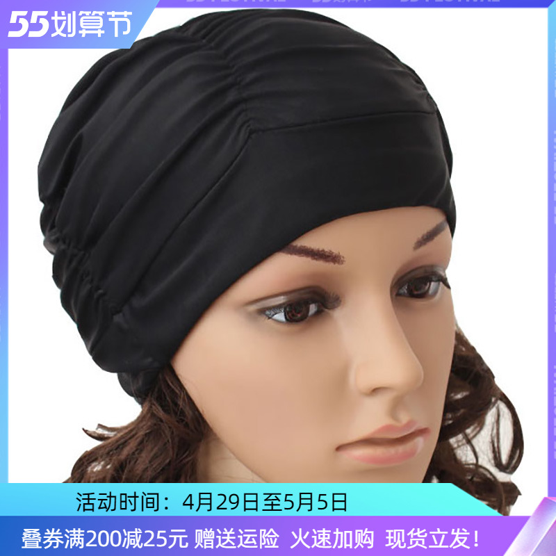 Aesthetically pleasing no-head fashion fabric bathing cap Korea hot selling 100 pleats cap increase in long hair swimming cap men and women spa