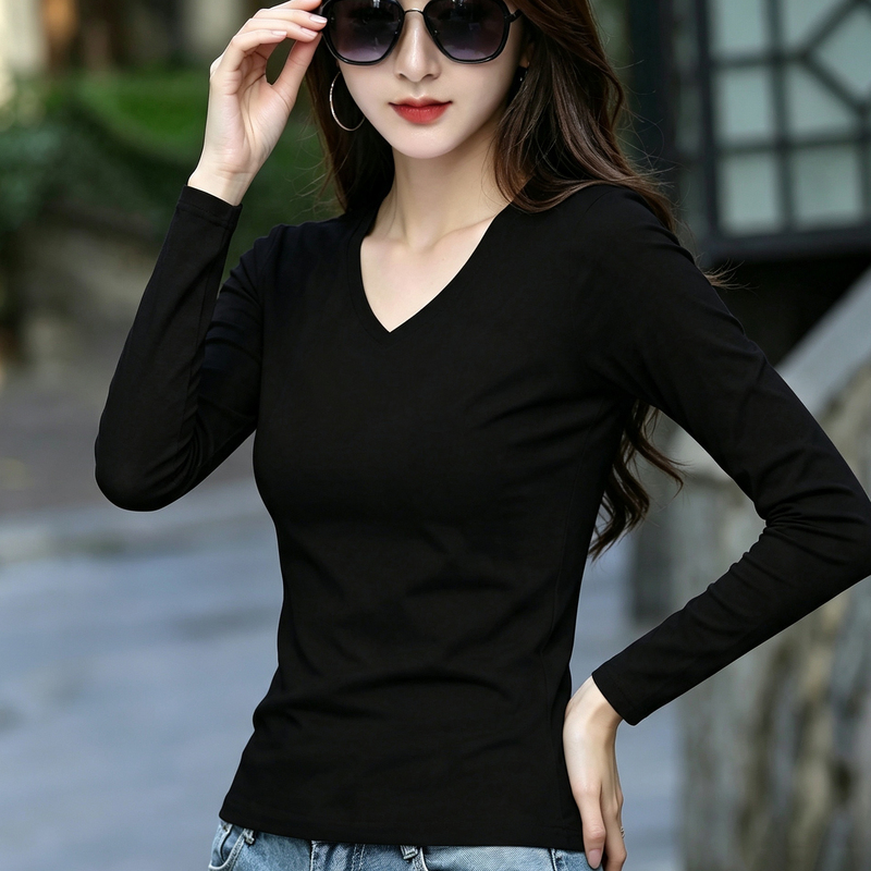 Black V-Neck Long-Sleeve T-Shirt for Women, 2026 Autumn New Style, Pure Cotton, Slim Fit, Base Layer, Can Be Worn Inside or Outside, Stylish Top Black V-Neck Long-Sleeve T-Shirt for Women, 2026 Autumn New Style, Pure Cotton, Slim Fit, Base Layer, Can Be Worn Inside or Outside, Stylish Top