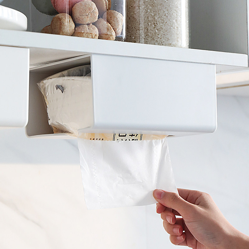 Punch-free seamless stickers paper box wall hanging paper towel rack creative simple plastic multi-functional toilet paper towel box