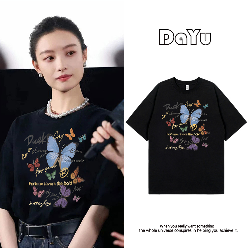 Ni Ni Celebrity Style Printed Black Short-Sleeve T-Shirt for Women, 2026 Summer Hot Item, Niche Design Casual Top