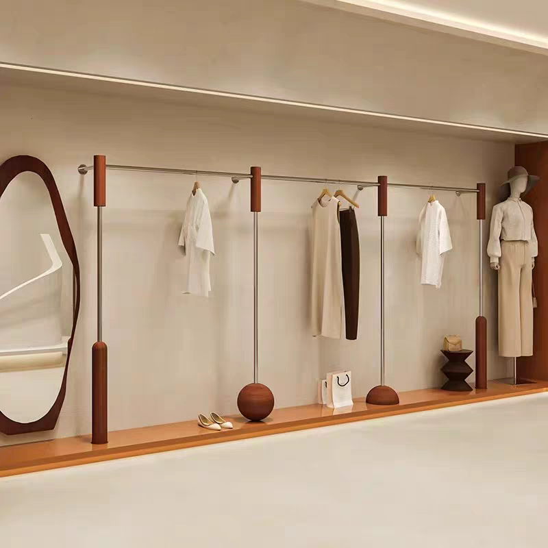 Clothing Store Display Rack Stainless Steel Walnut Color Wall-Mounted Clothes Rack Vintage Style High-End Women's Clothing Store Display Shelf