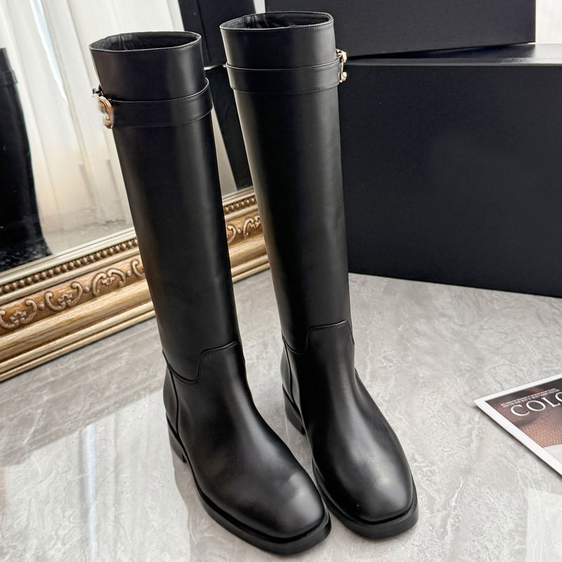 French-Style Metal Buckle High-Top Riding Boots for Women 26C Autumn and Winter Genuine Leather Over-The-Knee Chunky Heel Side Zipper Long Boots French-Style Metal Buckle High-Top Riding Boots for Women 26C Autumn and Winter Genuine Leather Over-The-Knee Chunky Heel Side Zipper Long Boots