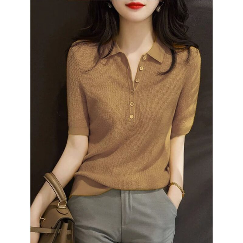 Sandro Hepburn Spring and Autumn New Slim-Fit Polo Collar Five-Quarter Sleeve Knitwear French High-End Top Sandro Hepburn Spring and Autumn New Slim-Fit Polo Collar Five-Quarter Sleeve Knitwear French High-End Top
